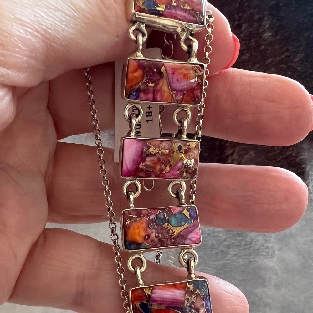 ❤️ Pink Dahlia Turquoise 925 Southwestern Navajo Style Bar Necklace 18+2” 21.6gm - Picture 8 of 16